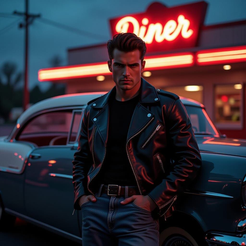 Greaser Leaning on Car in Film Noir Style