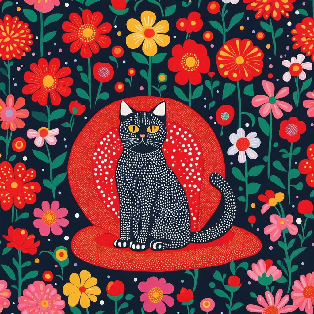 Cat Surrounded by Flowers in Polka Dot Style