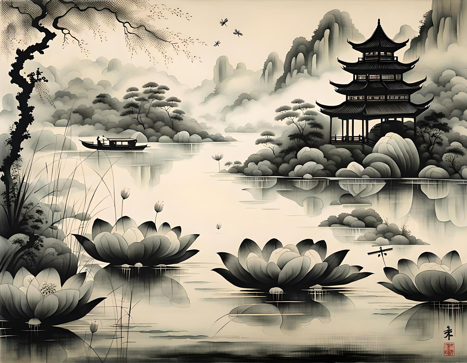 Serene Yangtze River Scene in Traditional Ink Painting