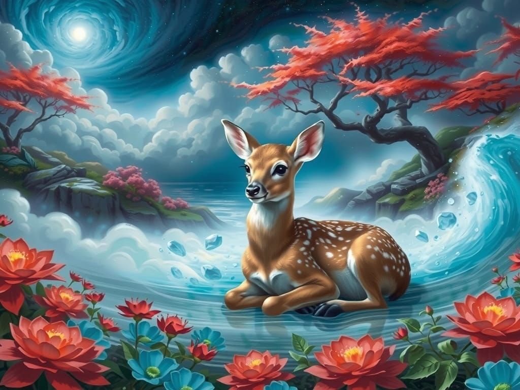 Ethereal Fawn in Vibrant Nighttime Landscape