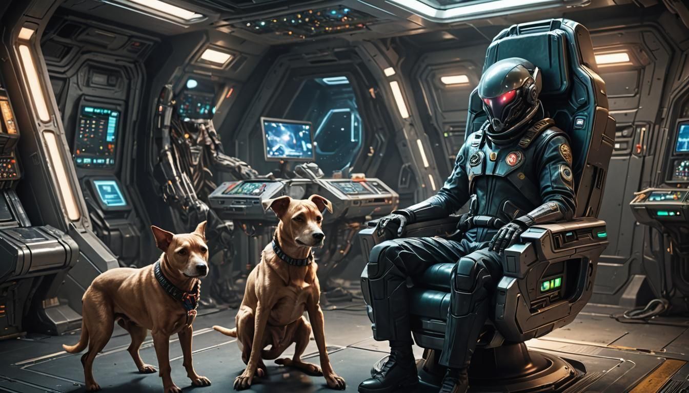 Starship Captain and Alien Dog in Command Chair