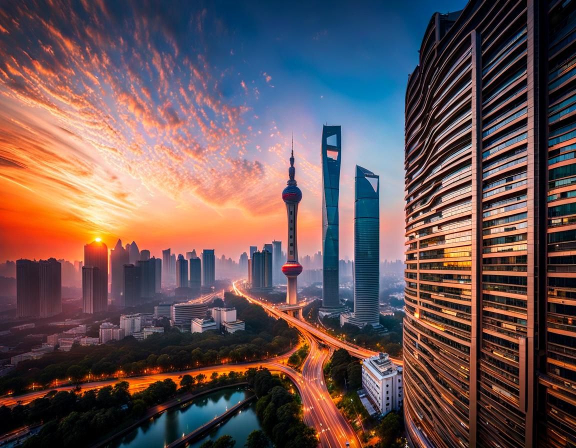 Drone shot of Guangzhou h a super beautiful sunrise. Buildings in perspective with straight lines. 3/4 face angle