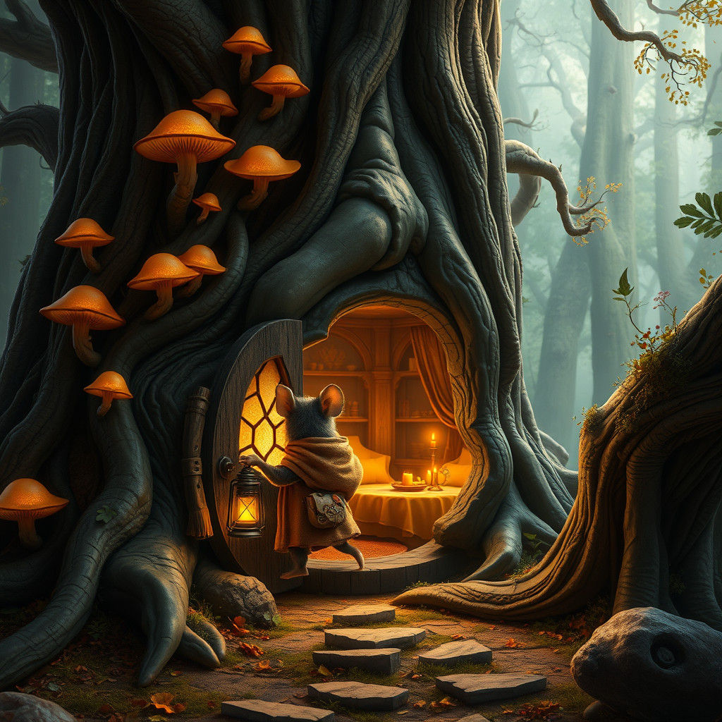 Mouse Enters Secret Door in Ancient Tree