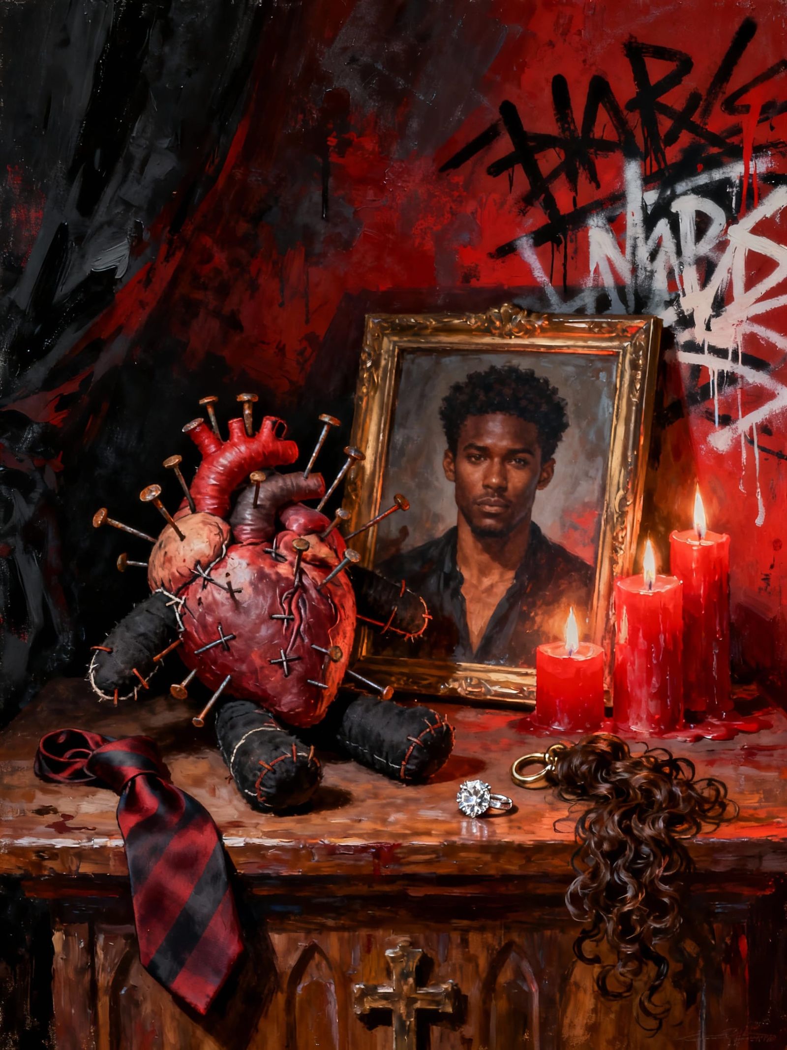 Dark Fantasy Voodoo Doll Oil Painting in Basquiat Style