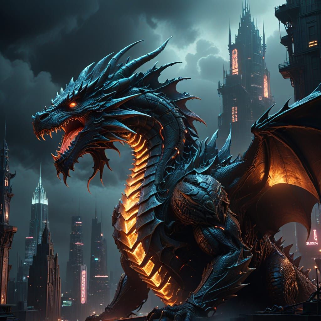 Biomechanical Dragon Coils Around Futuristic City Spire