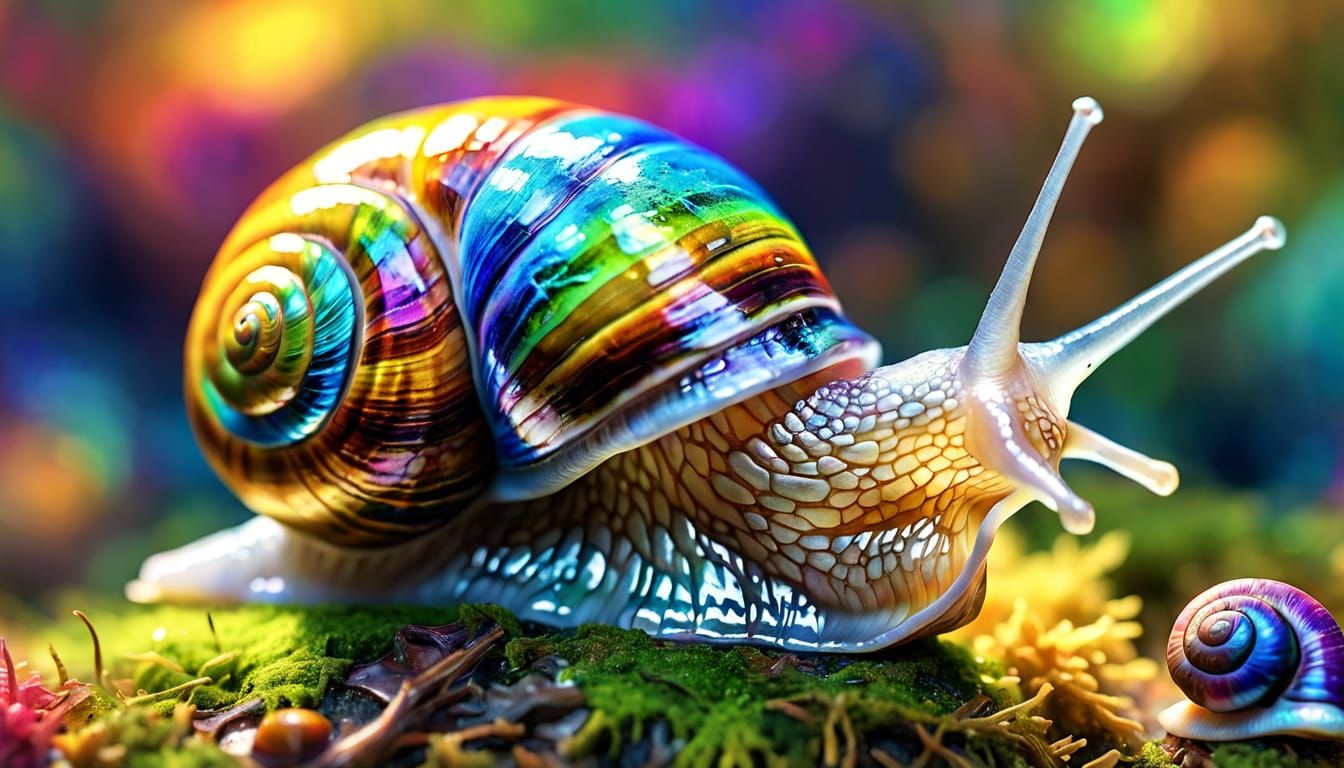 Iridescent Snail on Moss in Hyperrealistic Macro