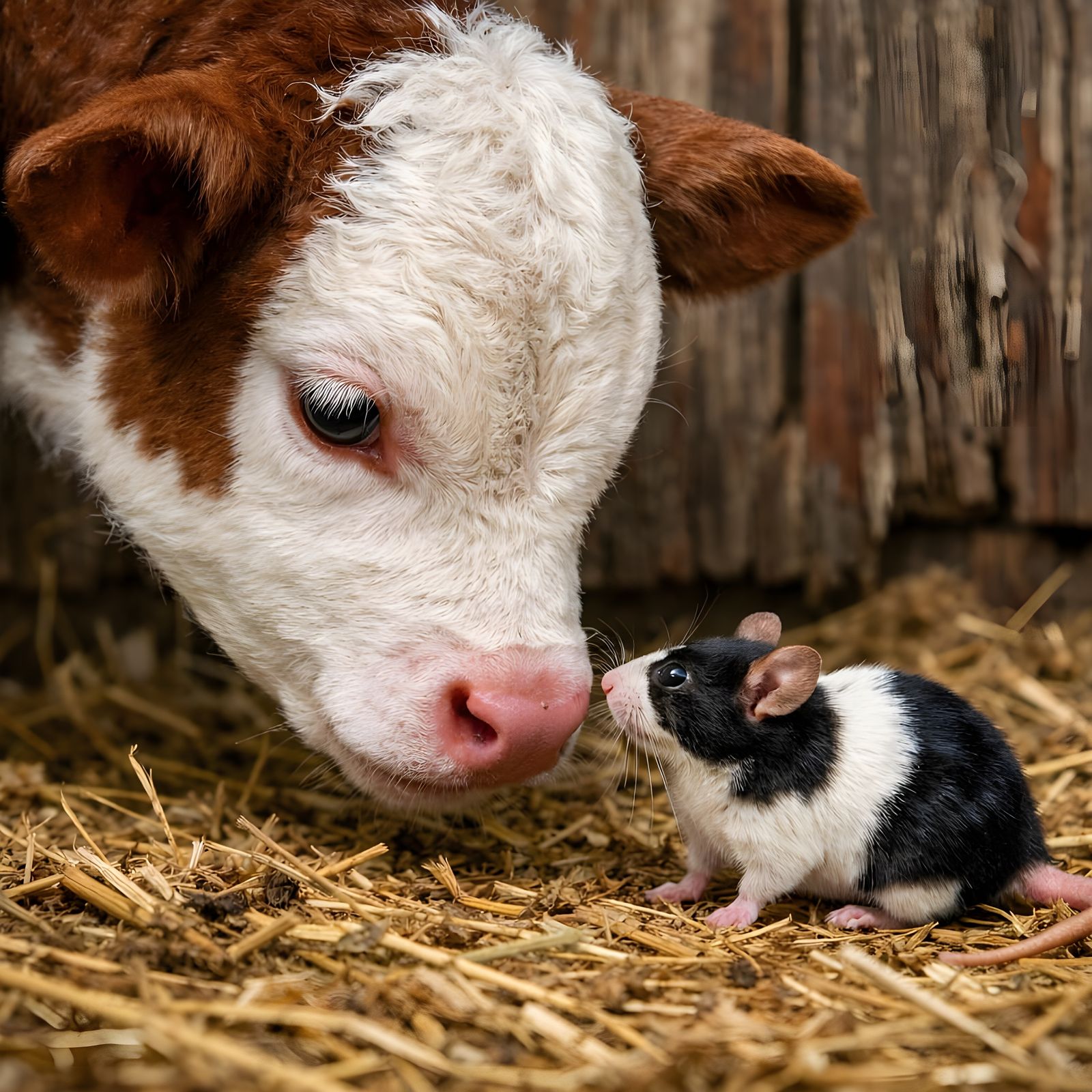 Newborn Calf Meets Mouse in Detailed Barn Scene