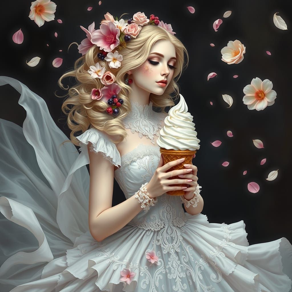 Ethereal Woman in Baroque Gown with Floral Hair