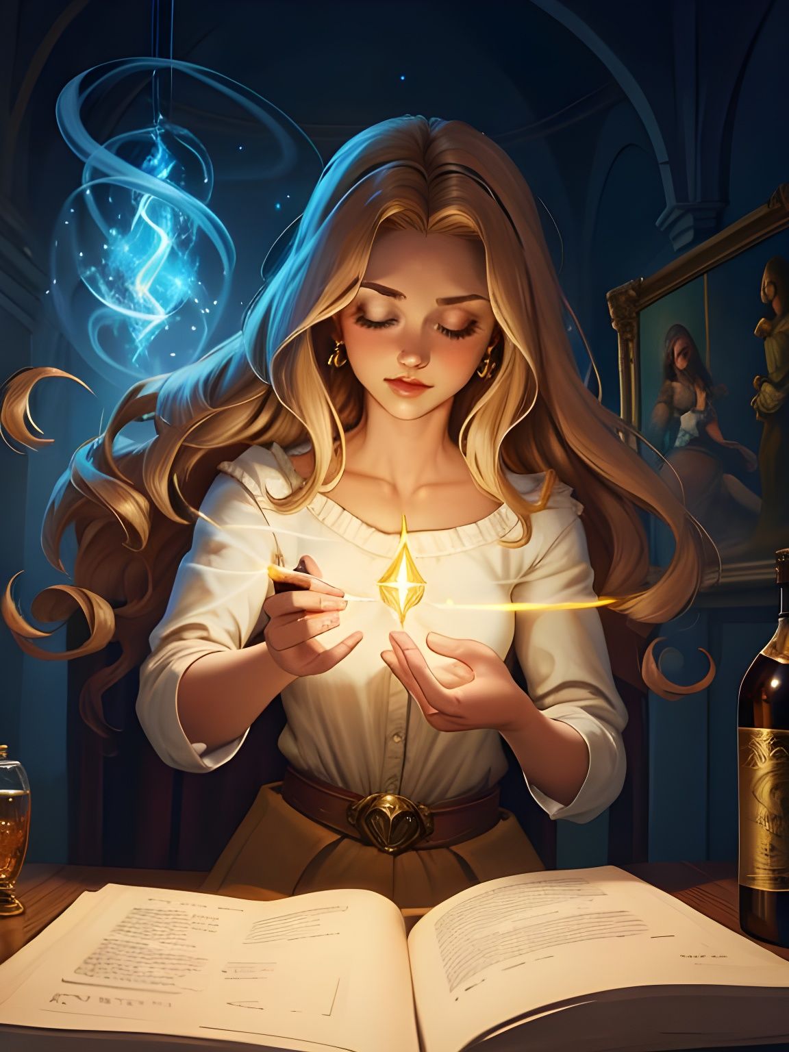 Cartoon Mage Practicing Runic Magic in Bedroom