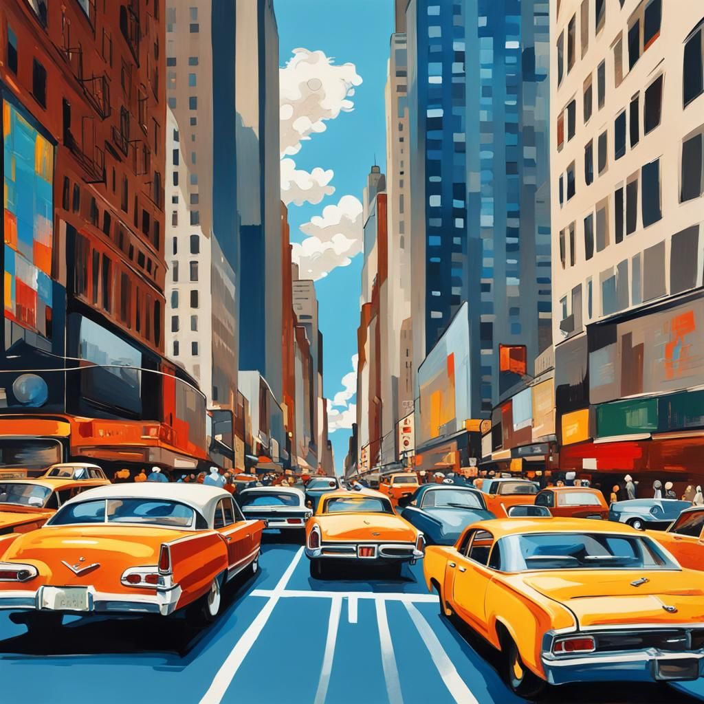 rush hour traffic in New York City. classic cars, tall buildings. blue sky with clouds, lots of people on a busy sidewal...