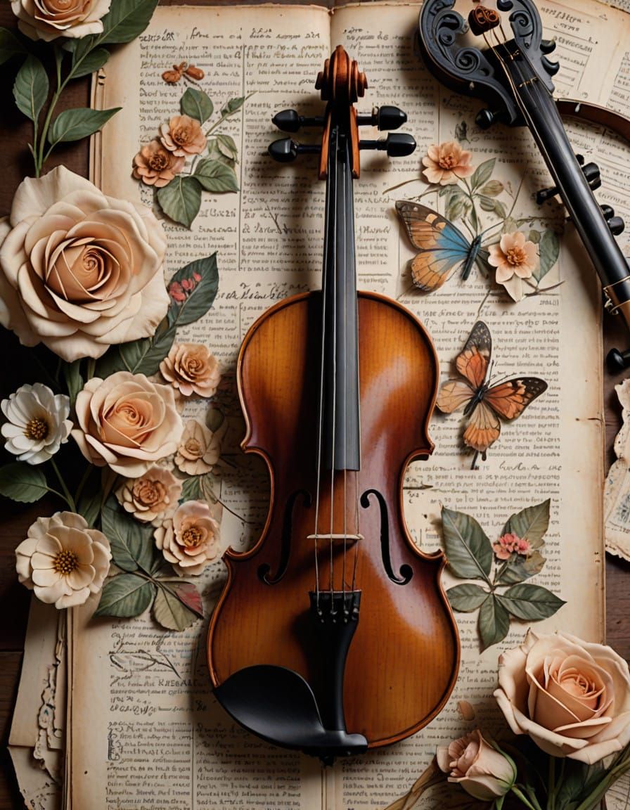 Elegant Violin in Whimsical Floral Pattern, Set Against Vint...
