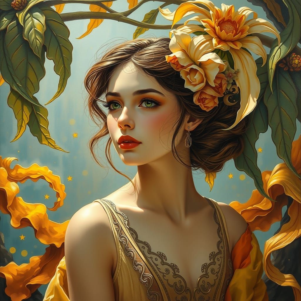 Art Nouveau Woman in Impasto Painting