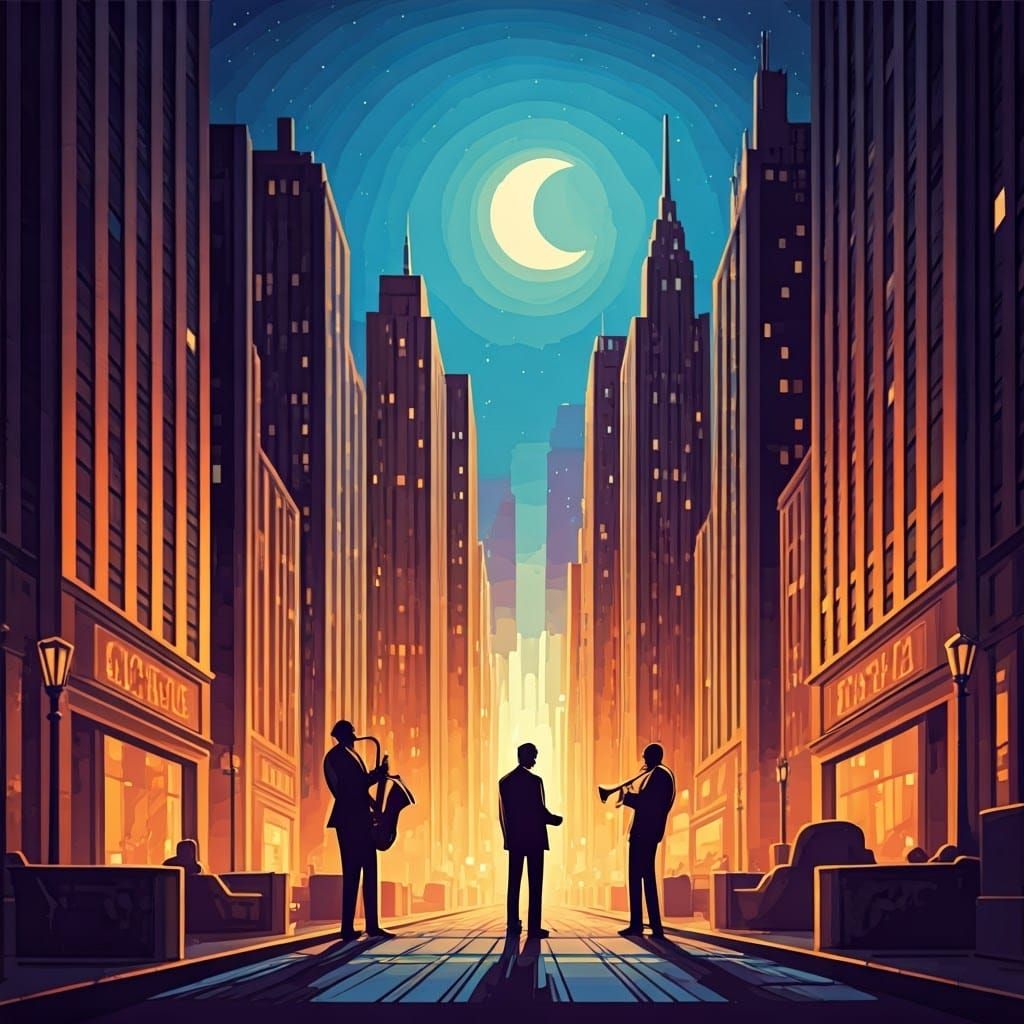 Moonlit Jazz Cityscape in Art Deco Style