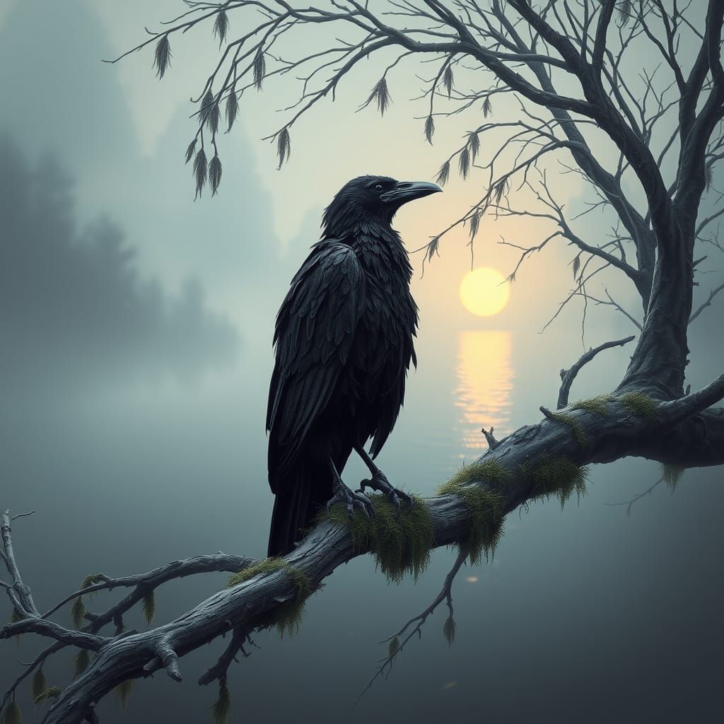 Mystical Raven on Willow Branch Over Misty Lake