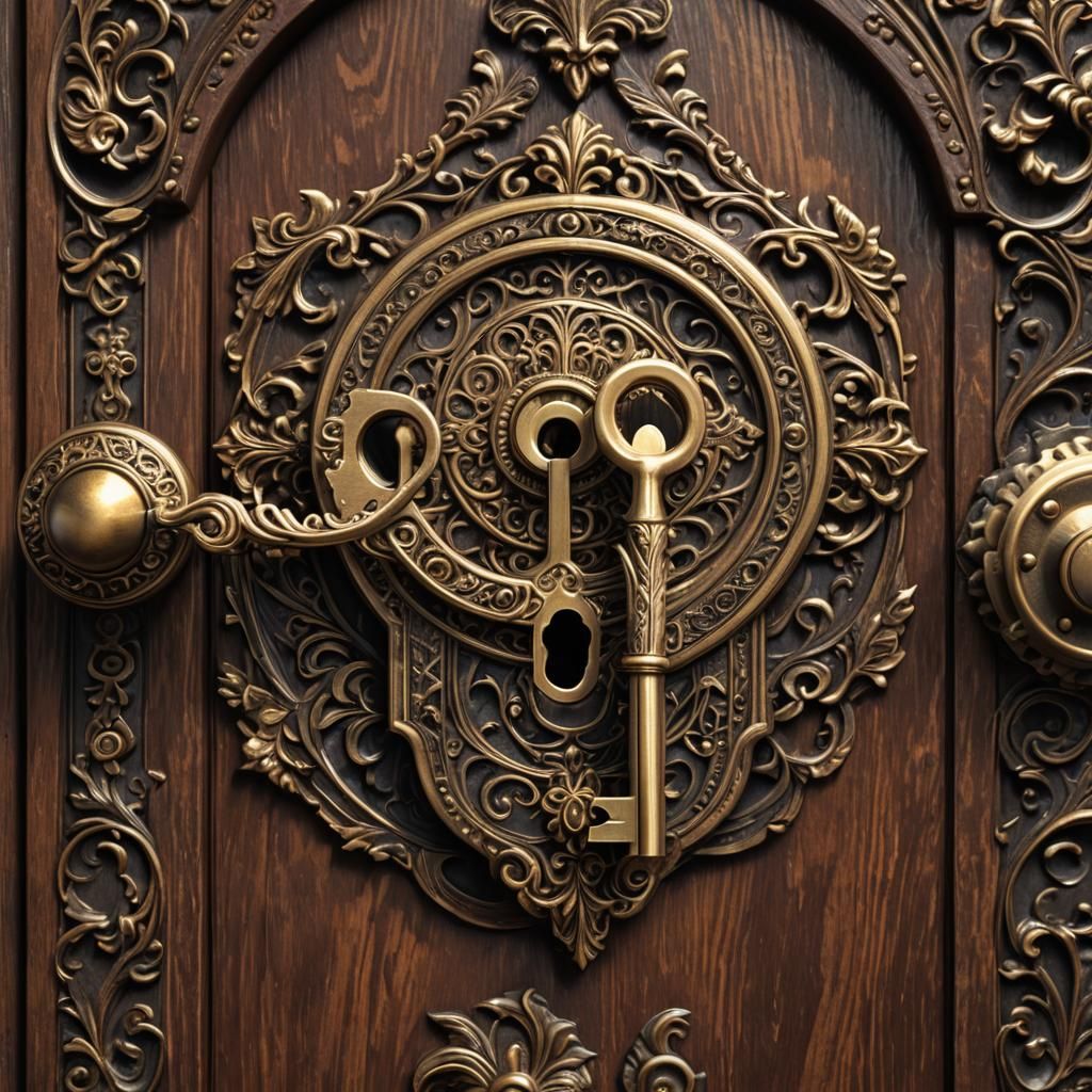 Antique Brass Key About to Enter Keyhole