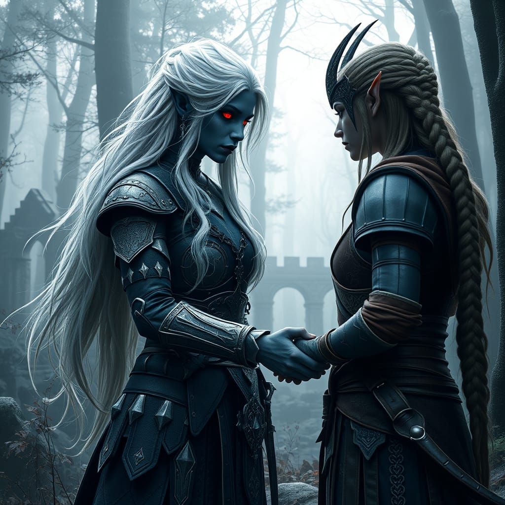Ethereal Drow Warrior Meets Elf in Ancient Forest Ruins