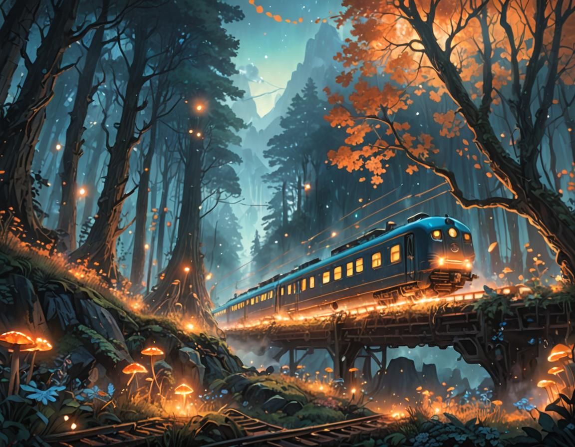 Enchanted Train Journey Through Mystical Forest at Night