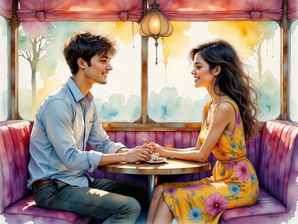 Romantic First Date in Watercolor Diner Scene