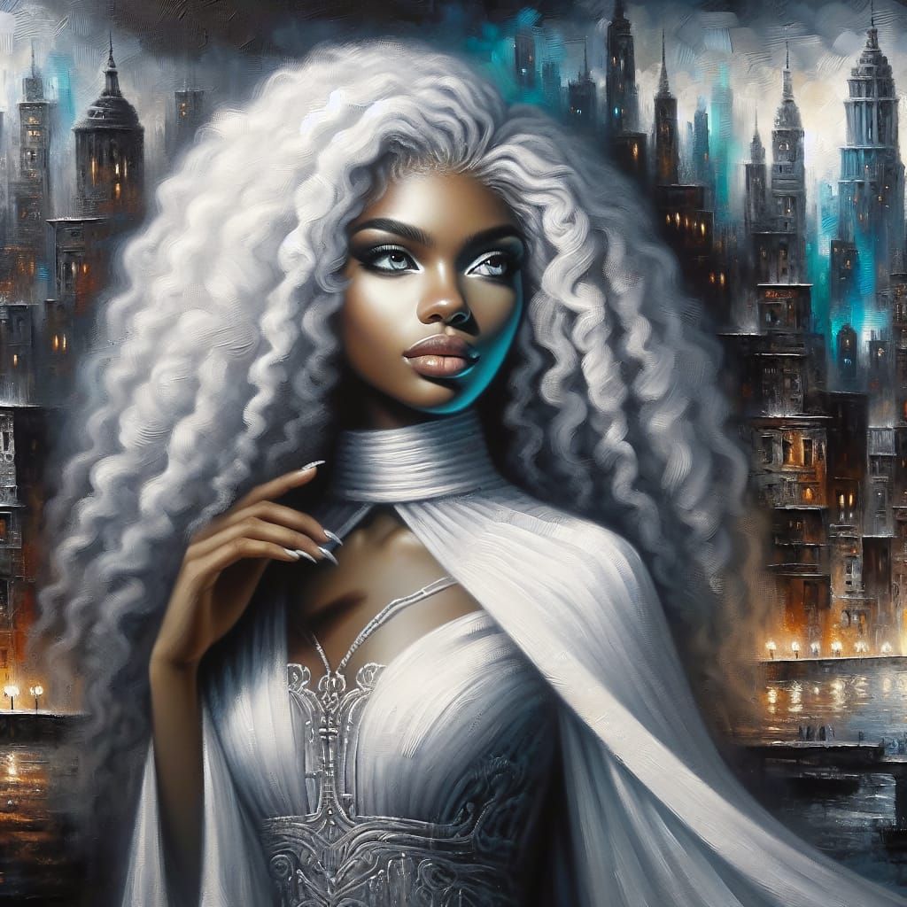 Powerful Afro Latina Goddess in Ethereal Cityscape