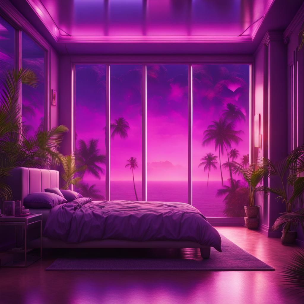 Vaporwave Bedroom with Purple Sky: Calming Liminal Space
