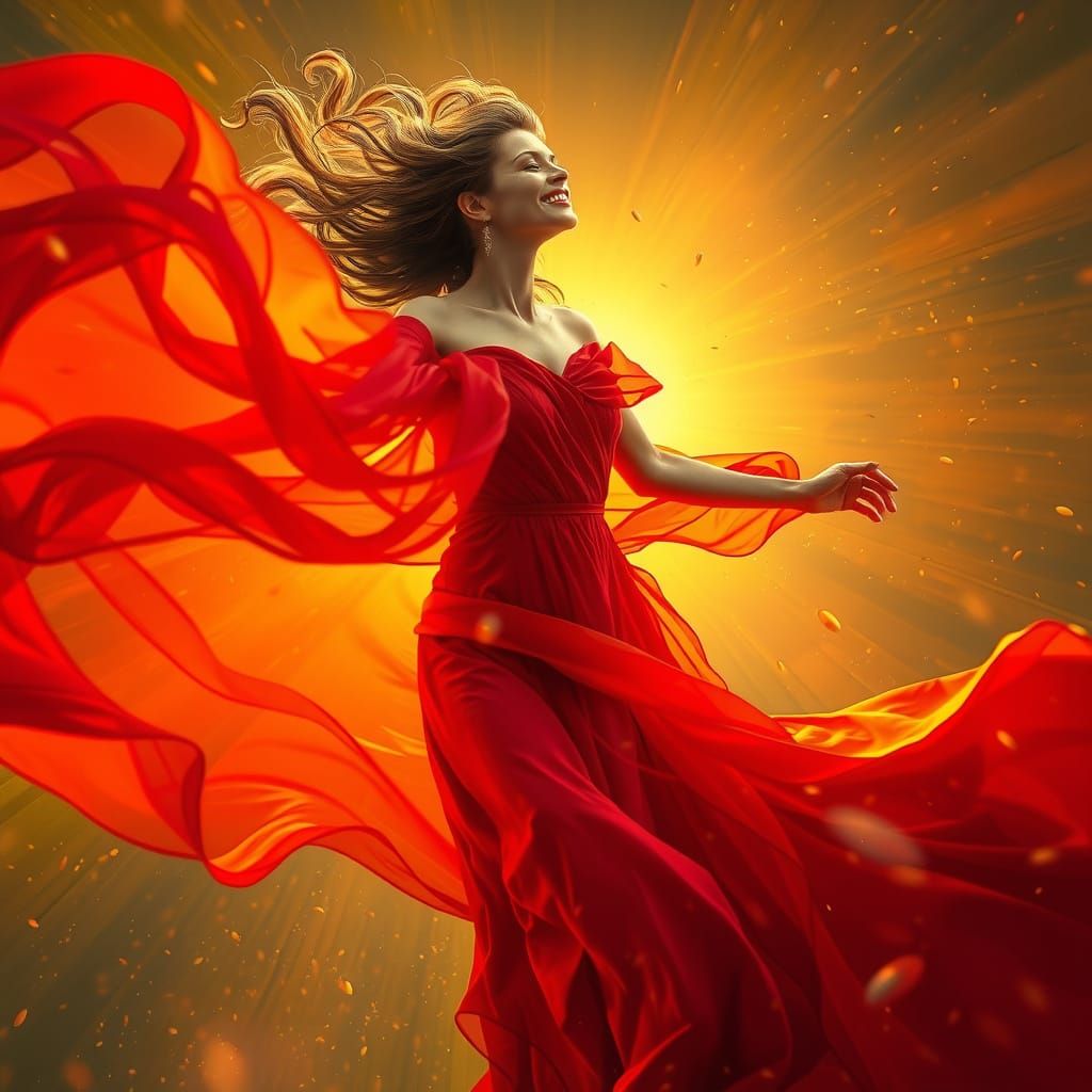 Lady in Crimson Dance Amidst Whirlwind of Golden Light