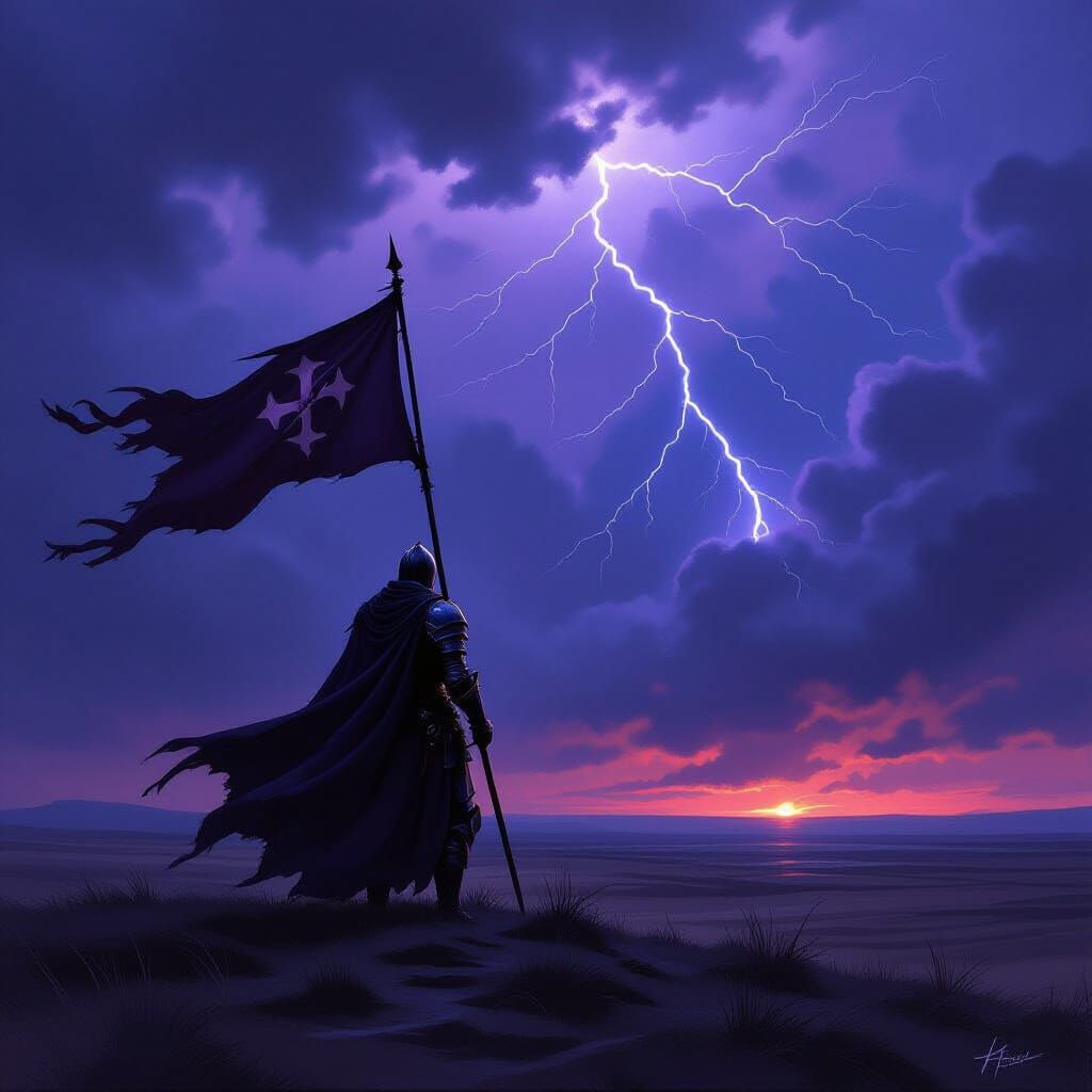 Solitary Knight on Desolate Moor Under Stormy Sky