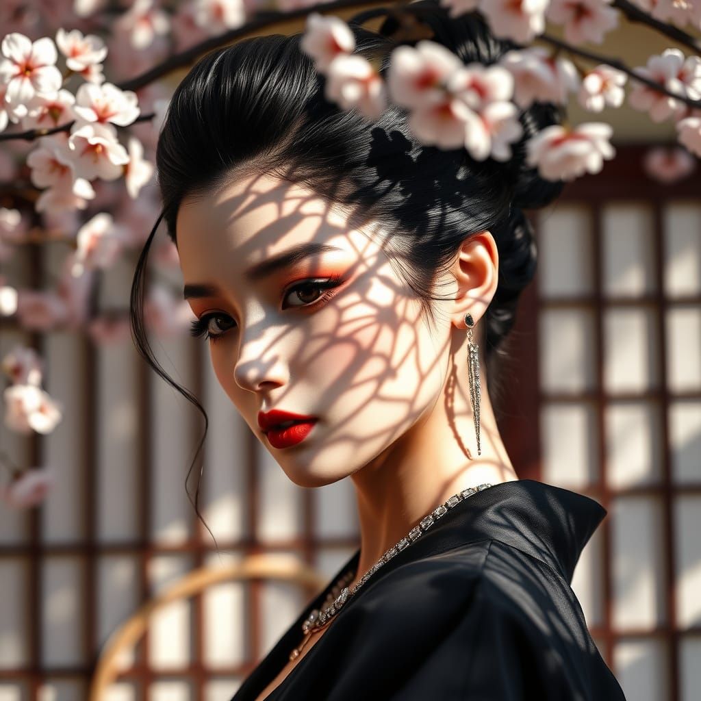 A woman under a cherry blossom tree
