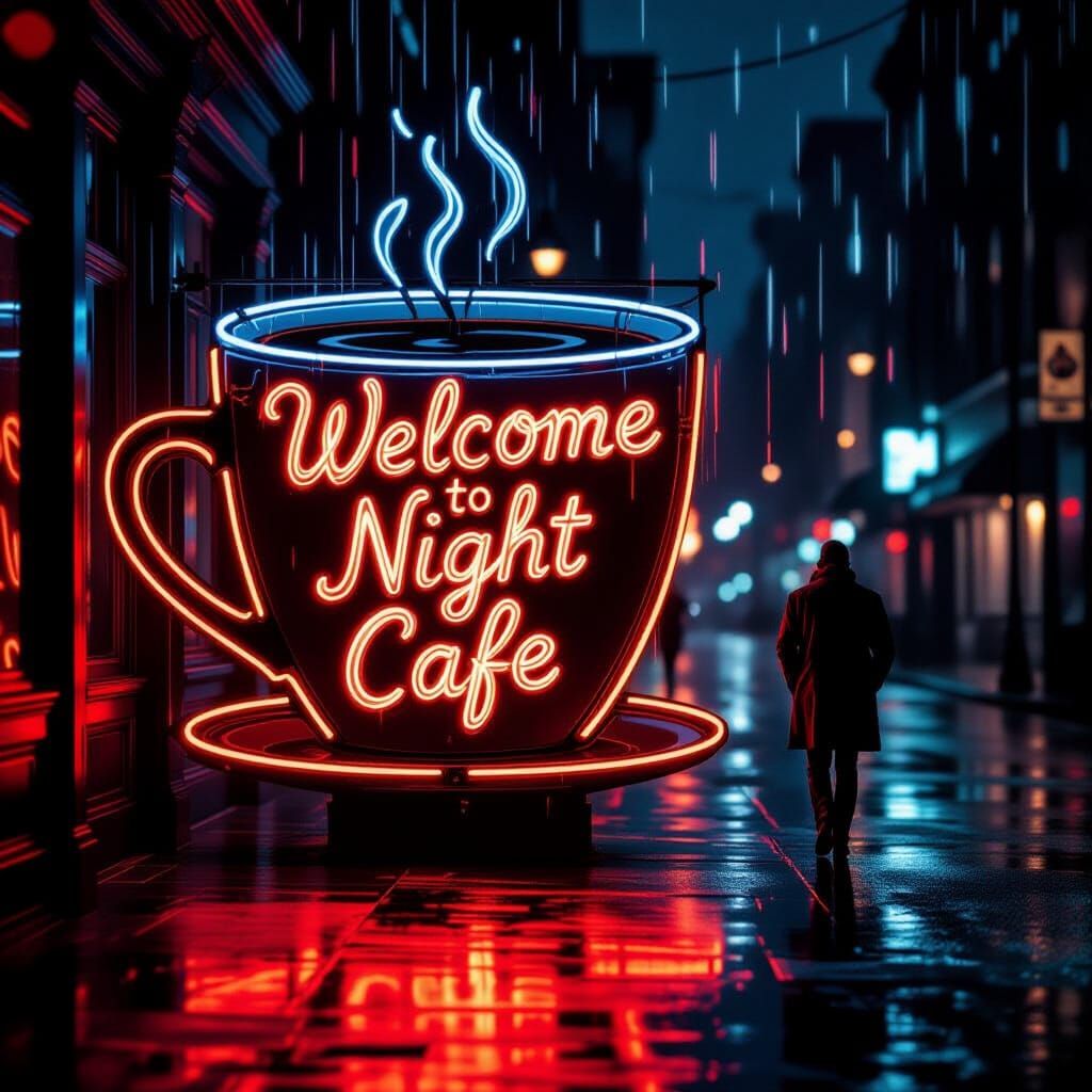 Neon Coffee Sign on Rainy Street: Noir Aesthetic