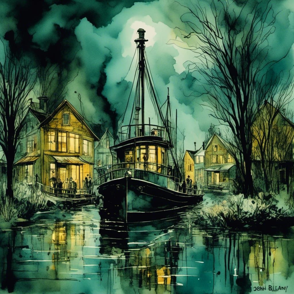 Futuristic Bayou Scene in Post-Impressionistic Style