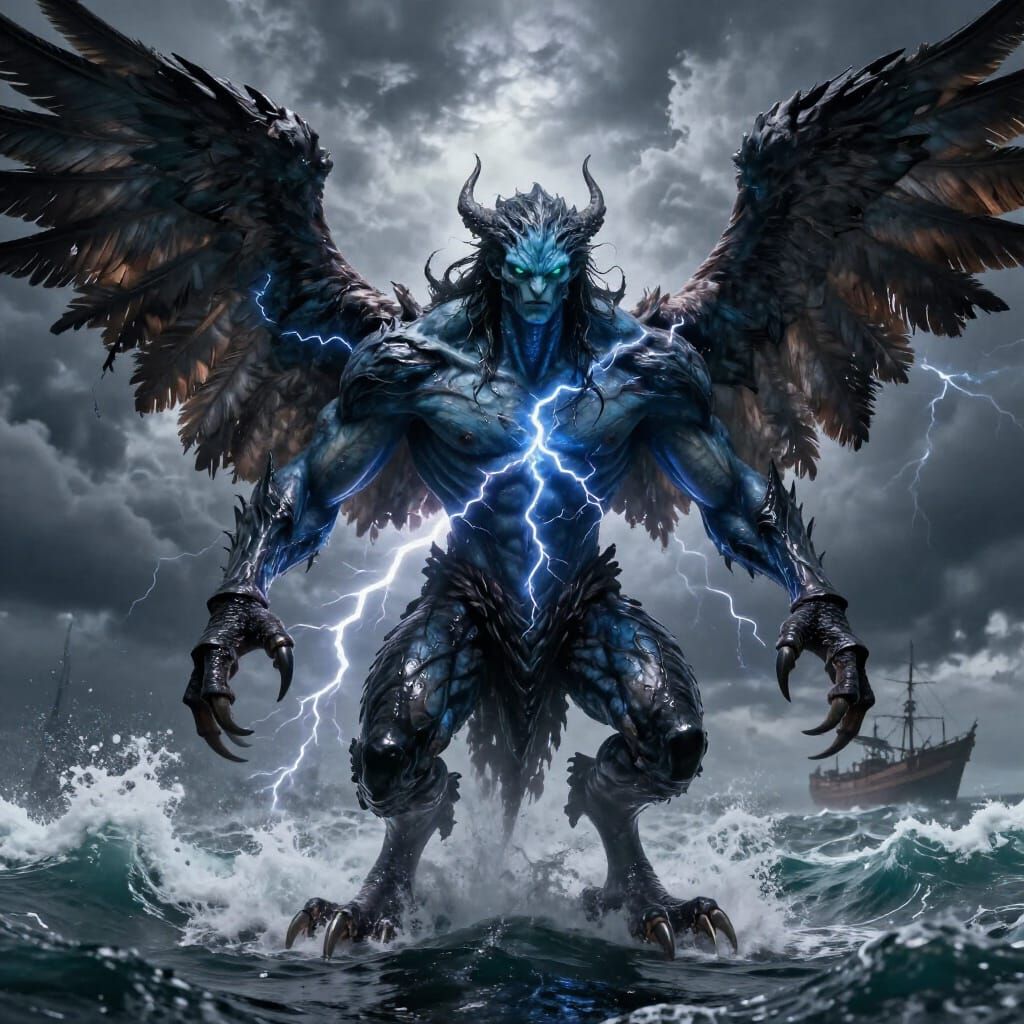 Focalor Shedim Aquatic Demon with Gryphon Wings in Storm