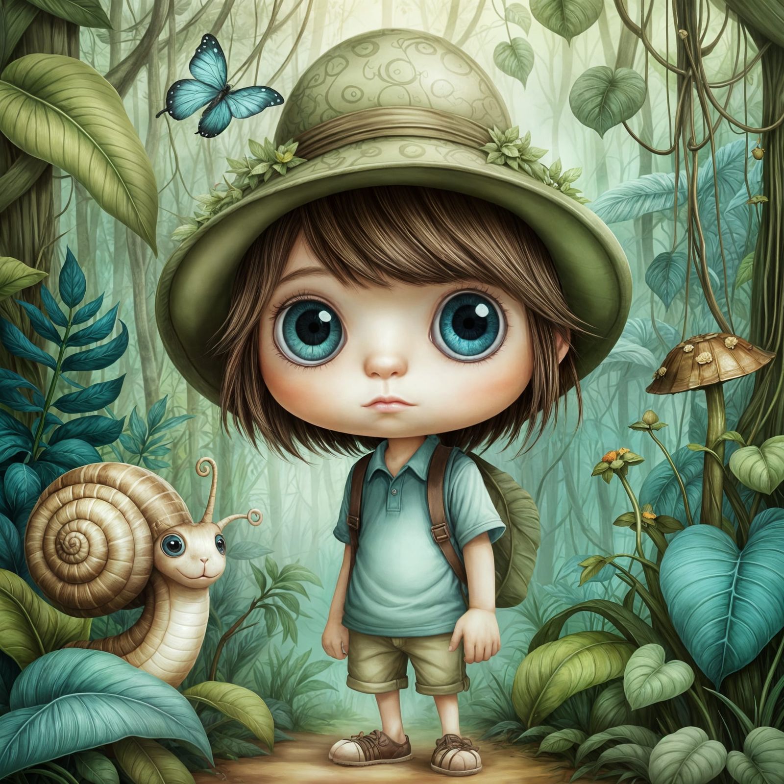 Big-Eyed Boy Explorer in Lush Jungle Scene