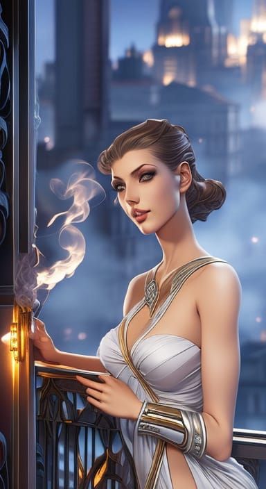 Glamorous Woman Smoking: Art Nouveau Portrait