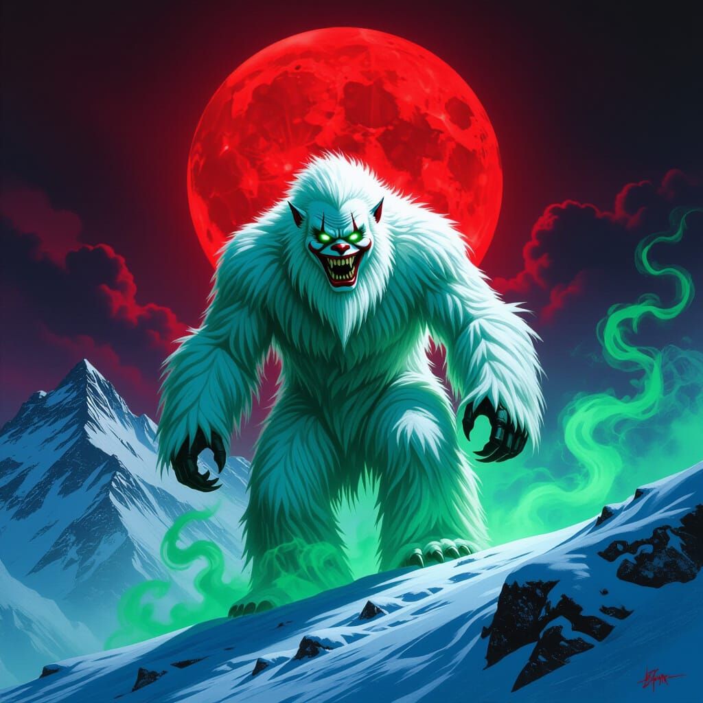 Demonic Yeti with Clown Face on Snowy Peak