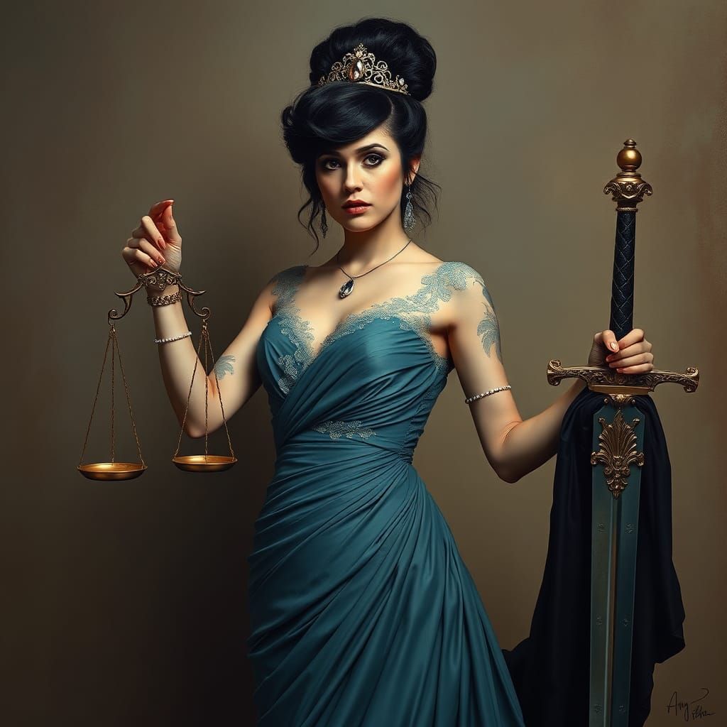 Woman with Sword and Scales in Rembrandt Lighting