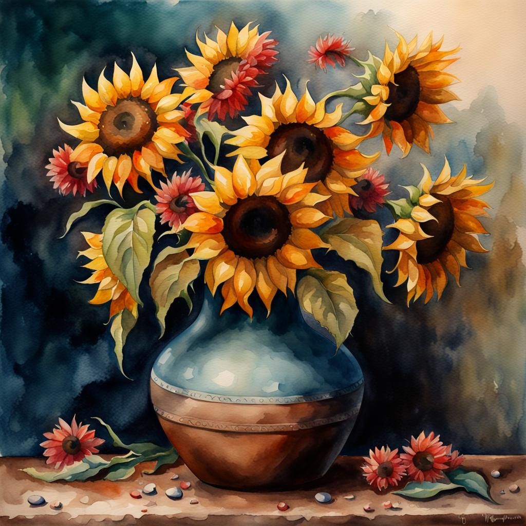 Watercolor Sunflowers in Clay Vase