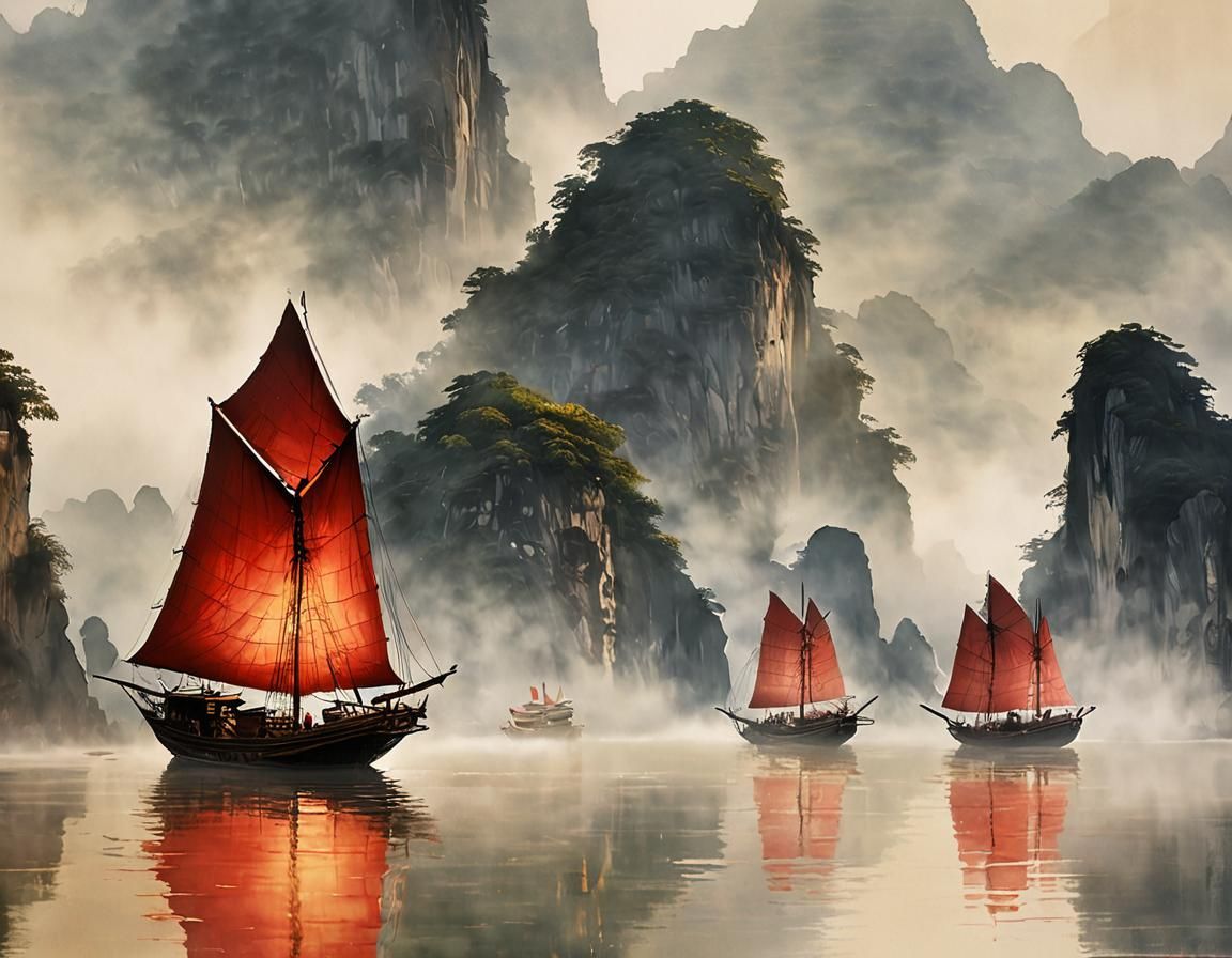 Chinese Junk Sails in Halong Bay: Watercolor Style