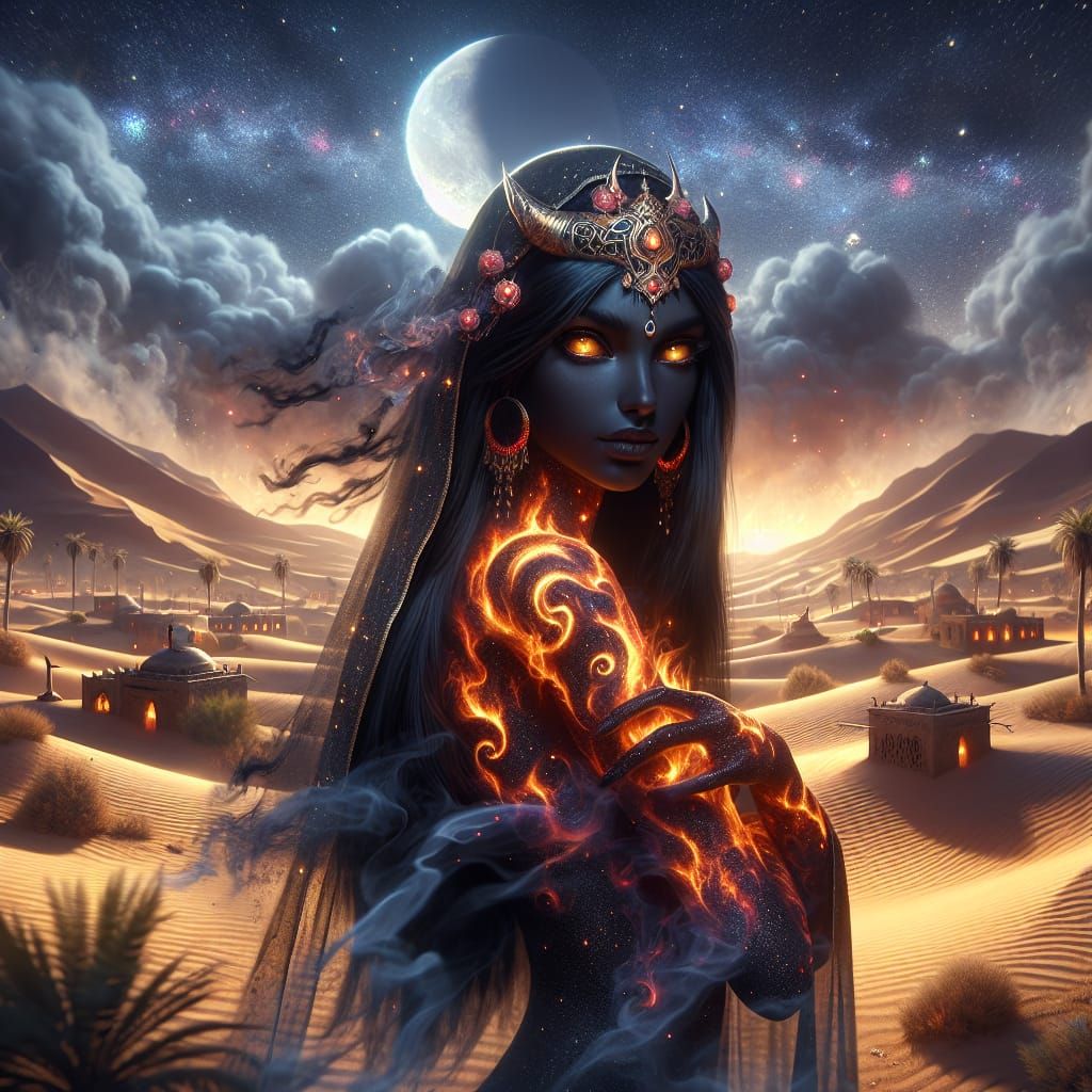 Striking Djinn Woman in Desert Oasis, Fantasy Art