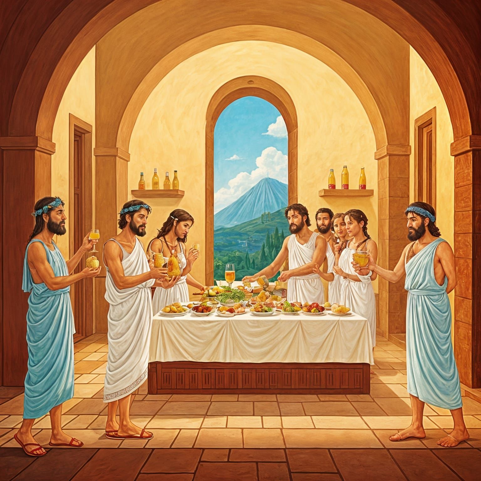 Whimsical Greek Dinner Scene Illustration