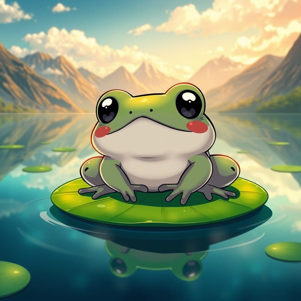 Kawaii Frog in Majestic Lake Landscape
