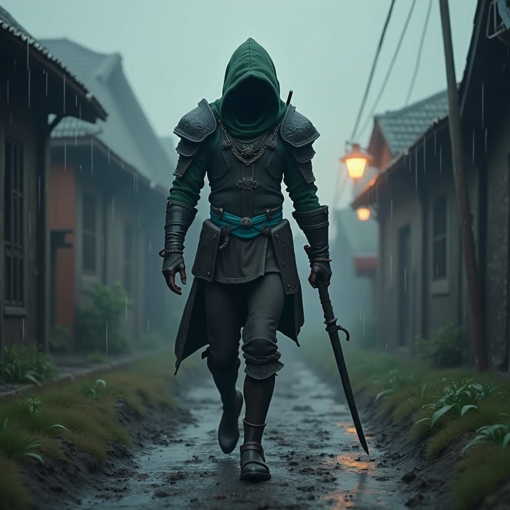 Dark Fantasy Knight Emerging from a Rainy Village in Mysteri...