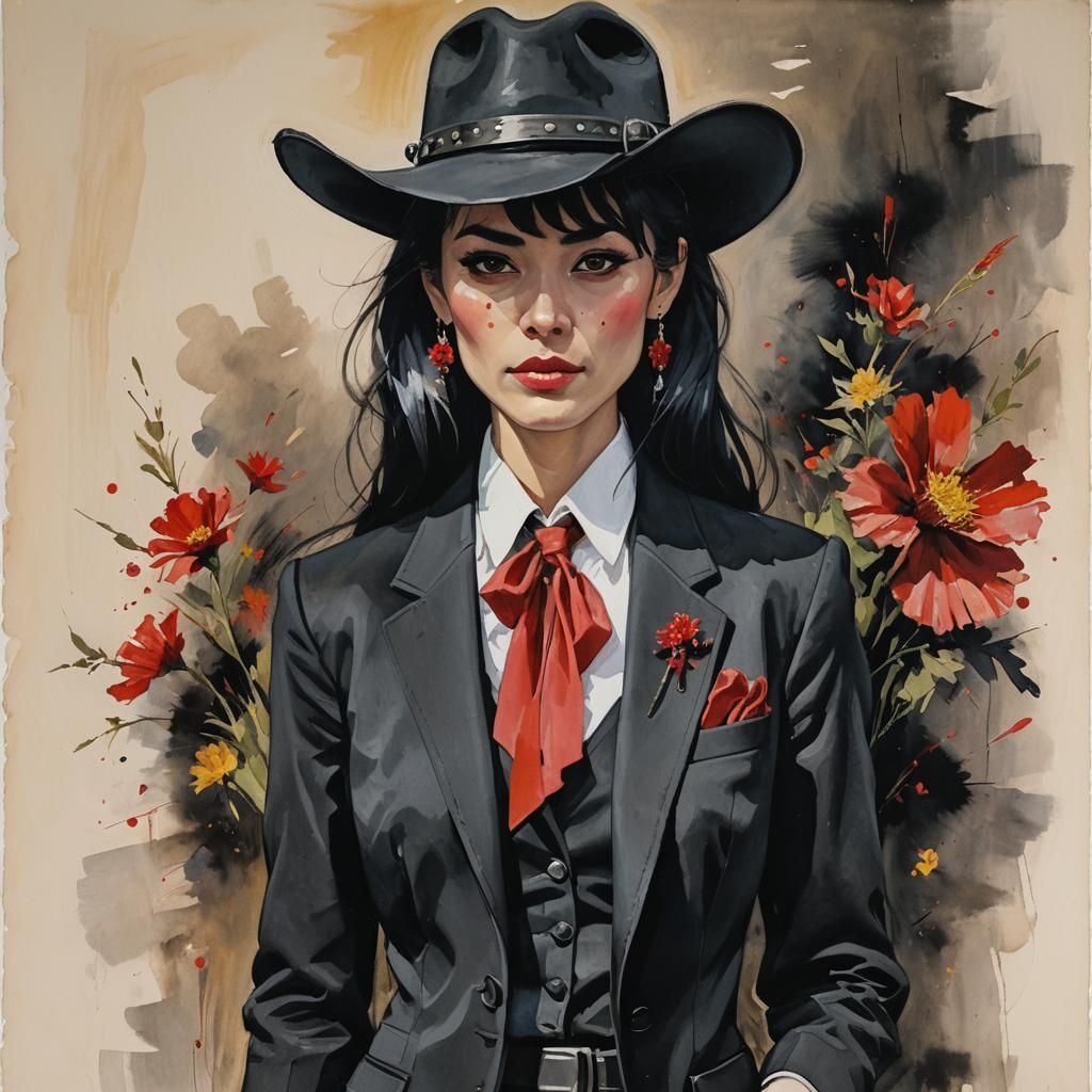 Woman in Black Suit with Red Eyes, Gouache Painting