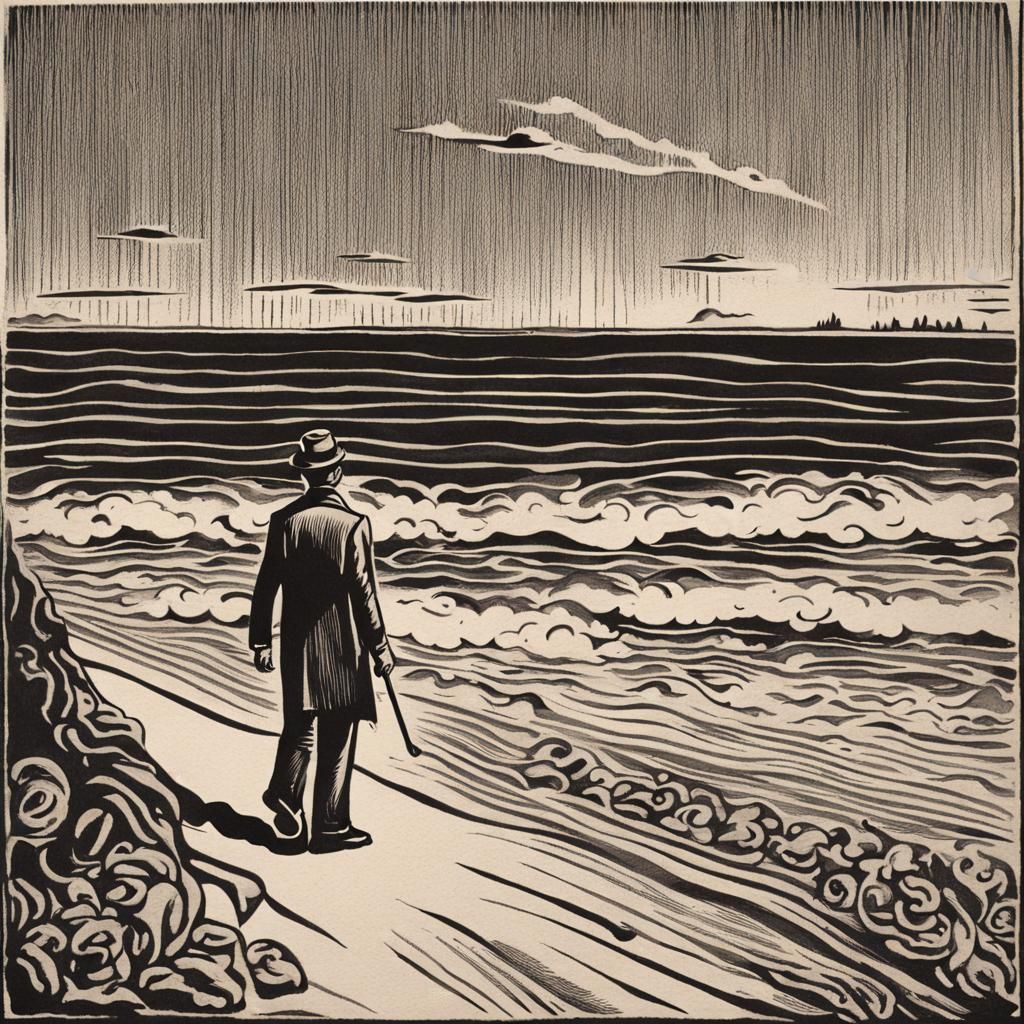 Man on Beach in Expressionist Linocut Style