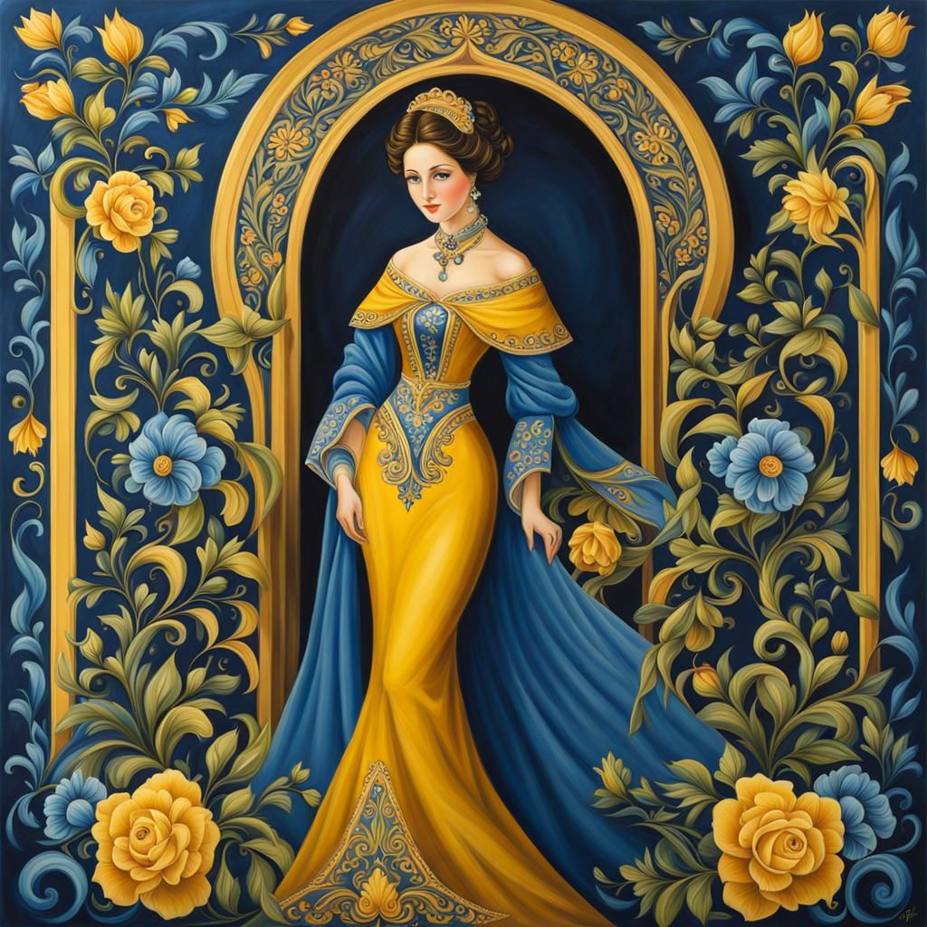 Woman at Riverbank in Rosemaling Style