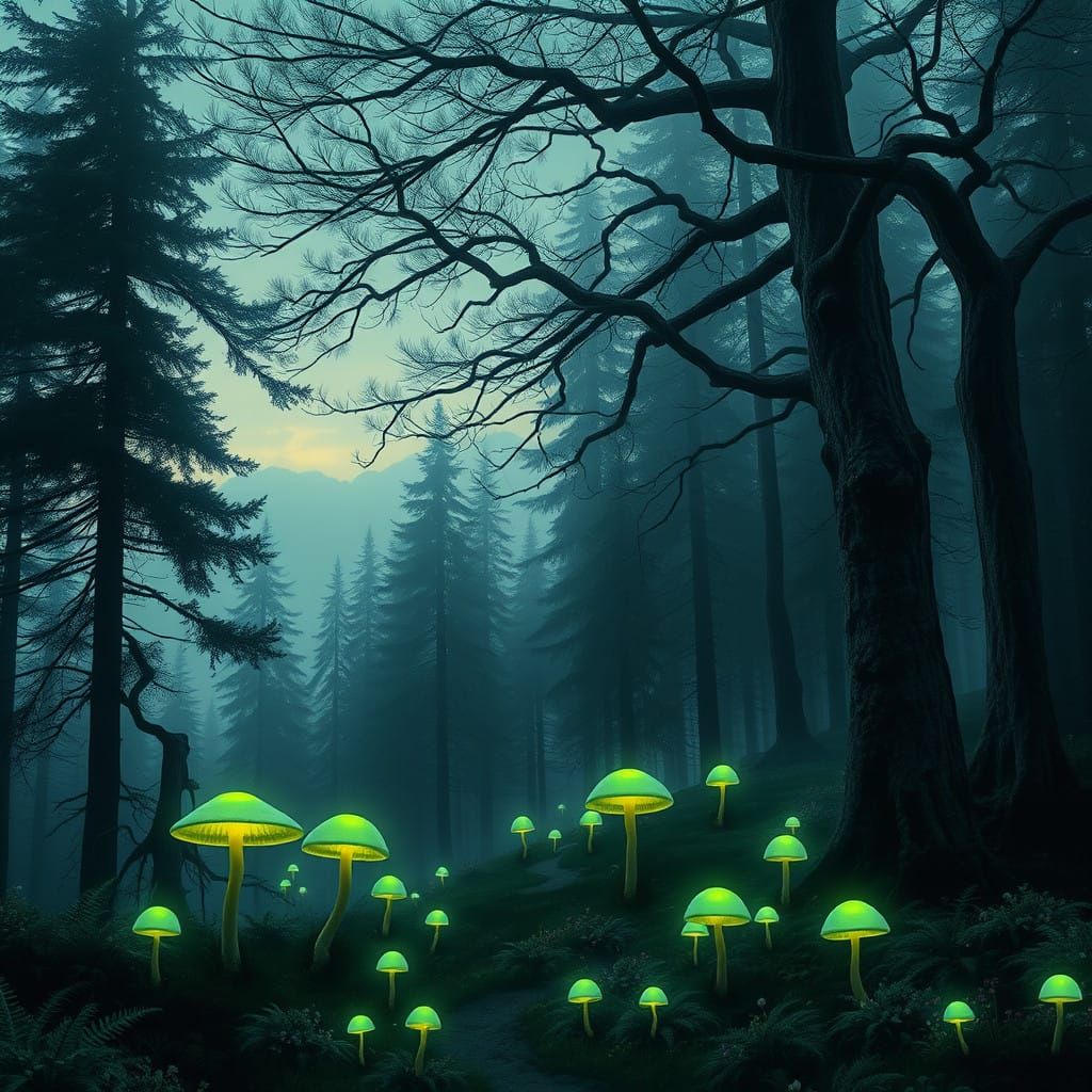 Swiss Mountain Forests at Dusk with Glowing Mushrooms