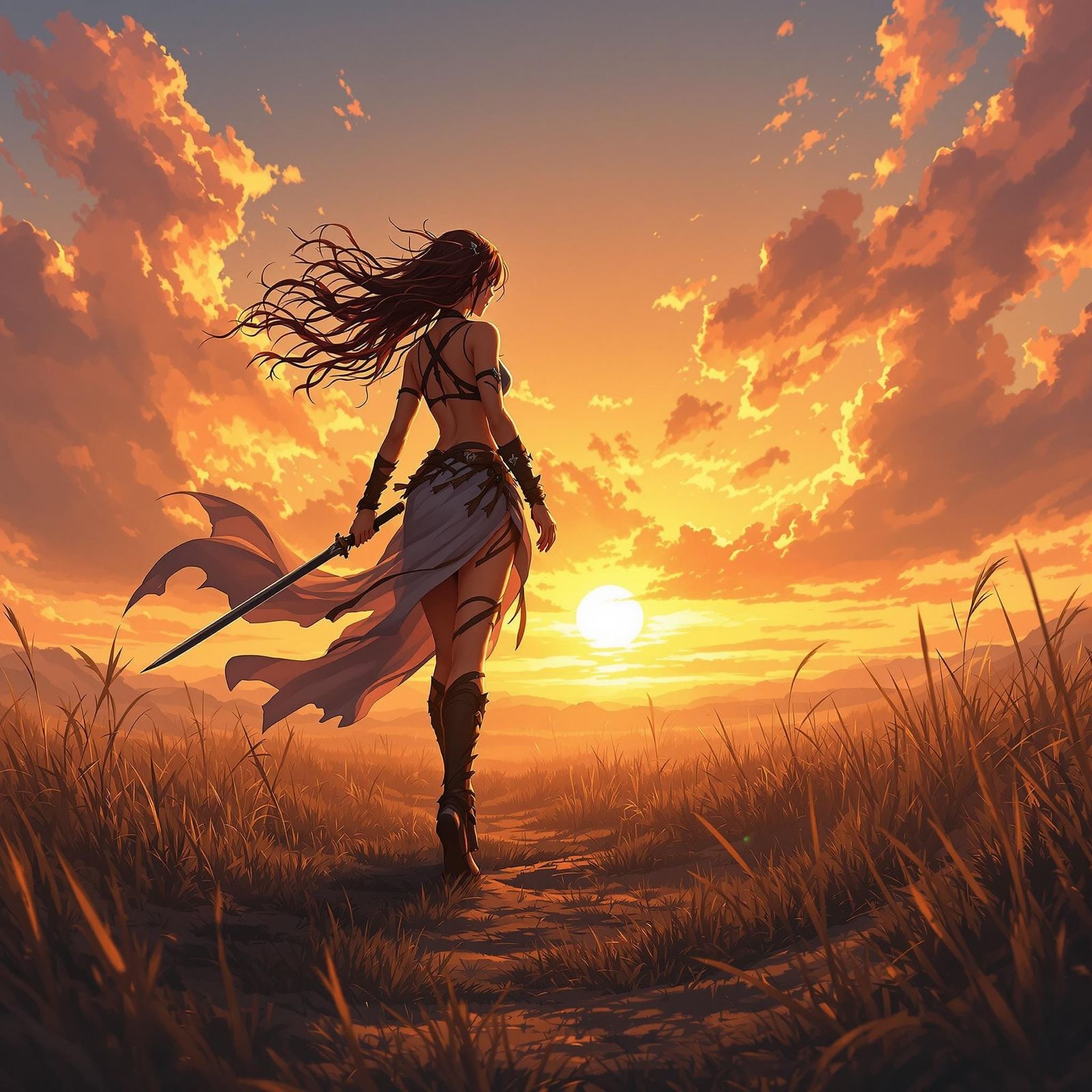 Regal Warrior Emerges from Sunset Battlefield