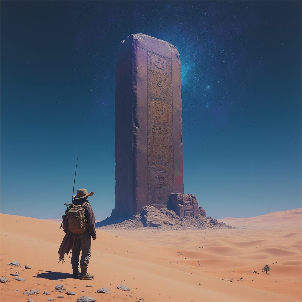 Starlit Desert Monolith: Cosmic Surrealism Landscape