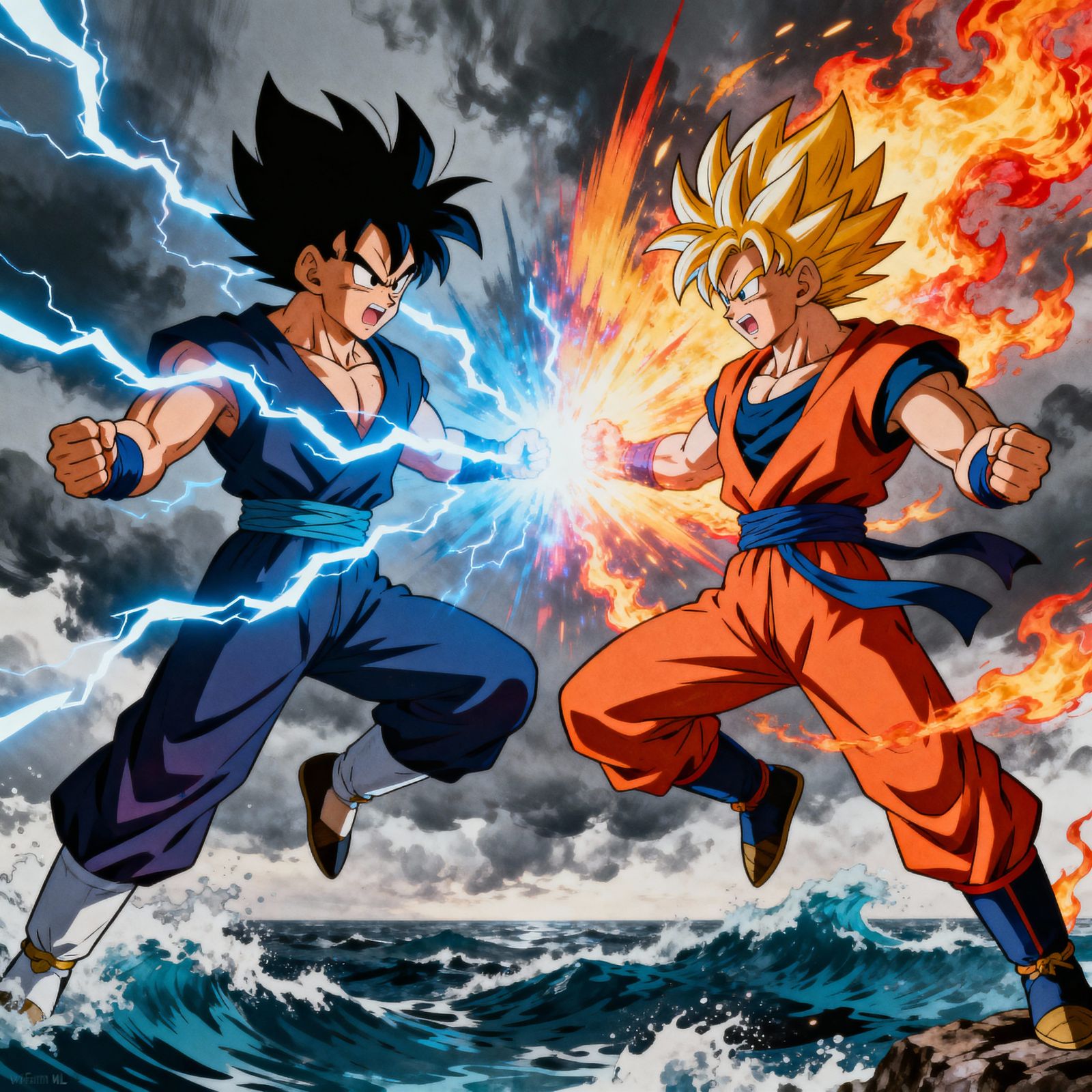 Anime Mages Duel with Lightning and Fire Above Stormy Sea