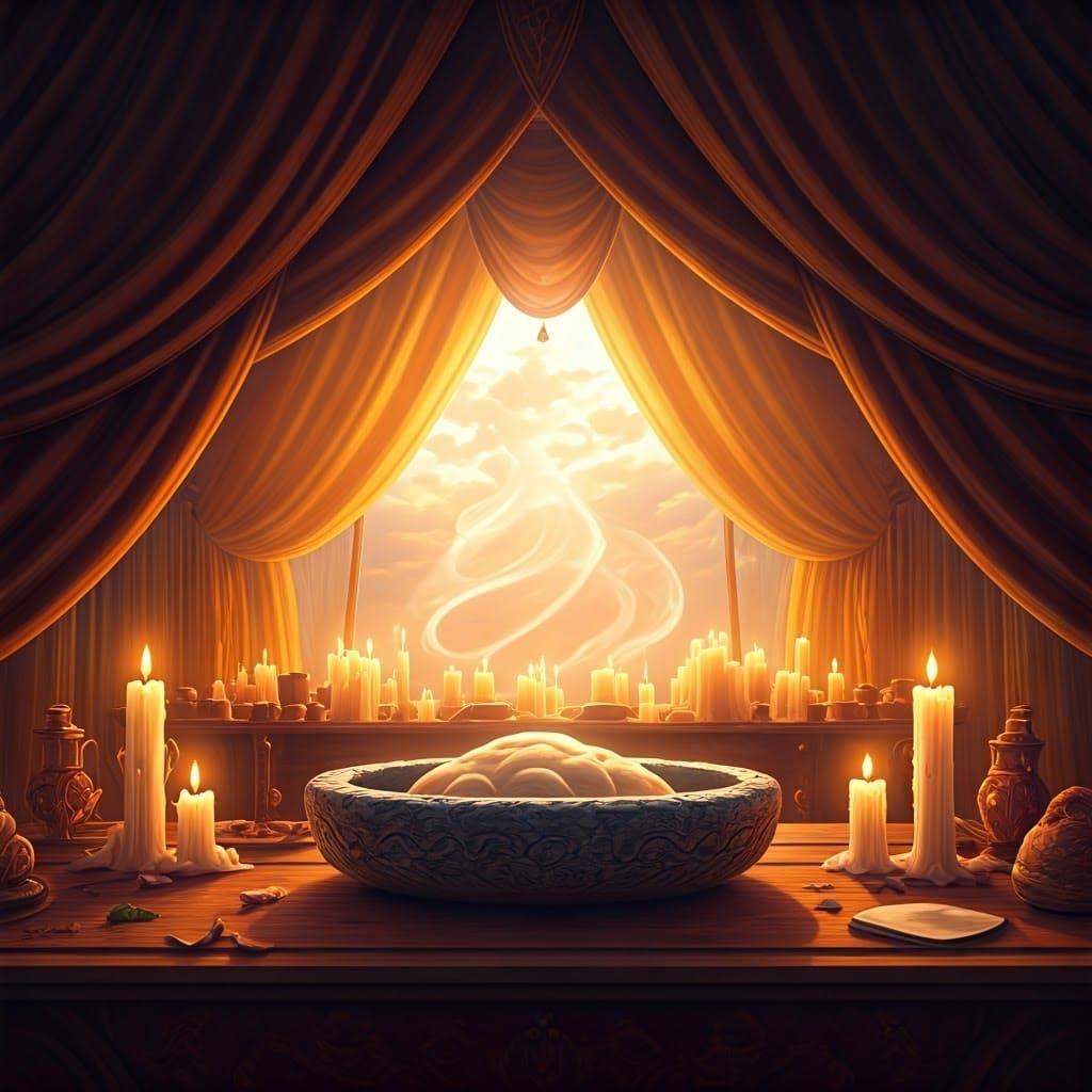 Ethereal Tent Interior at Golden Hour: Anime-Inspired Art