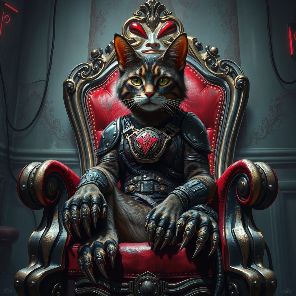 Cyberpunk Cat on Throne in Gritty Realism Style