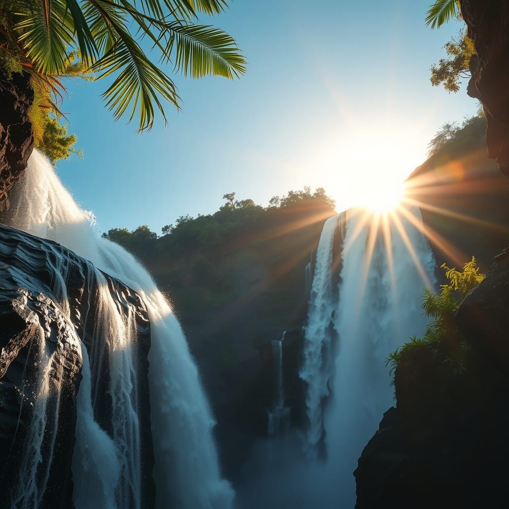 Tropical Waterfall Bathed in Sunrise Light